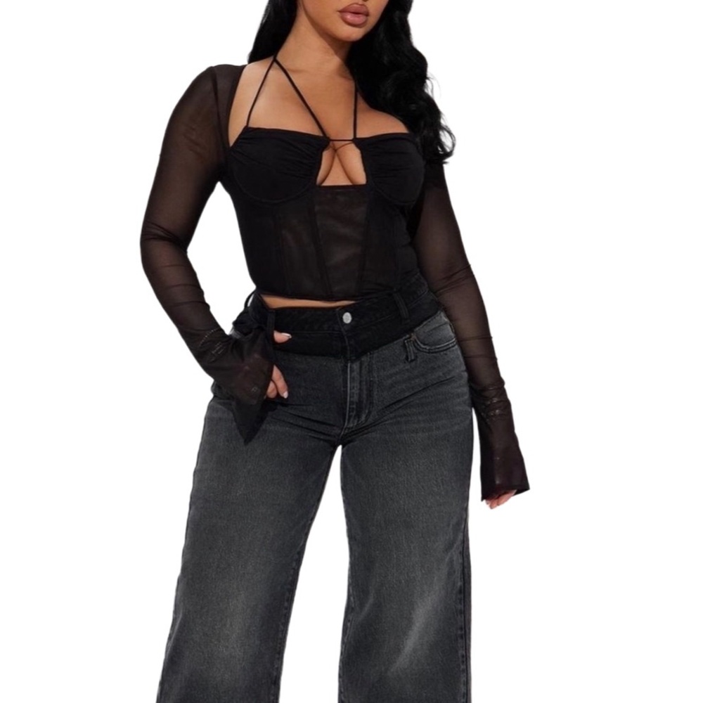 Black Strappy Corset Top with Long Sleeves - Picture 3 of 4